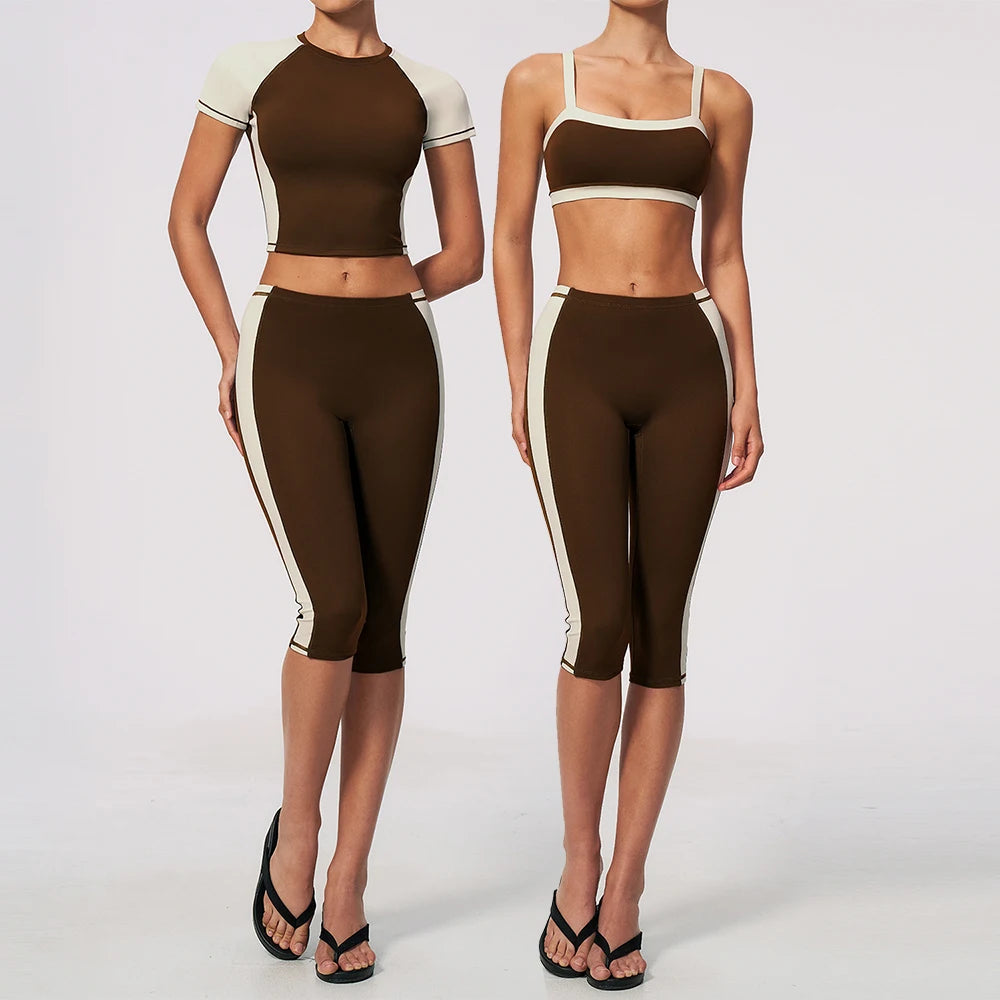 Athletic Wear Women Yoga Set 2pcs Workout Set Sportswear Gym Clothing Fitness Short Sleeve High Waist Capri Pants Sports Suits