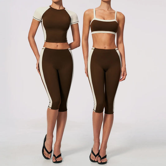 Athletic Wear Women Yoga Set 2pcs Workout Set Sportswear Gym Clothing Fitness Short Sleeve High Waist Capri Pants Sports Suits