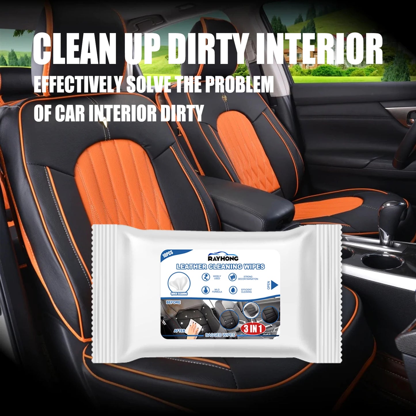 Rayhong 3in1 Interior Car Cleaning Wipes for Dashboard Cleaner Plastic Steering Wheel Screen Quick Detailer Auto Interior 10PCS