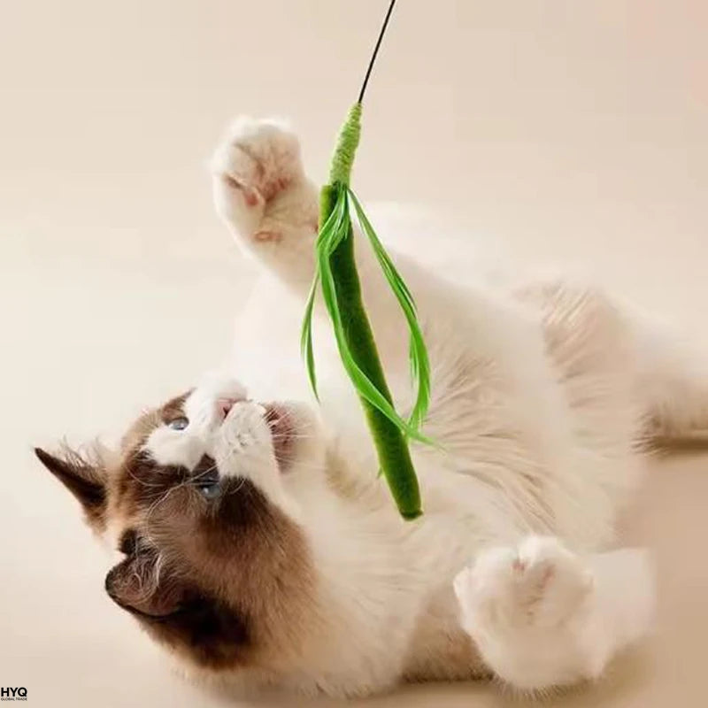 Juguetes para gatos varilla flexible, plumas y hierba para mascotas