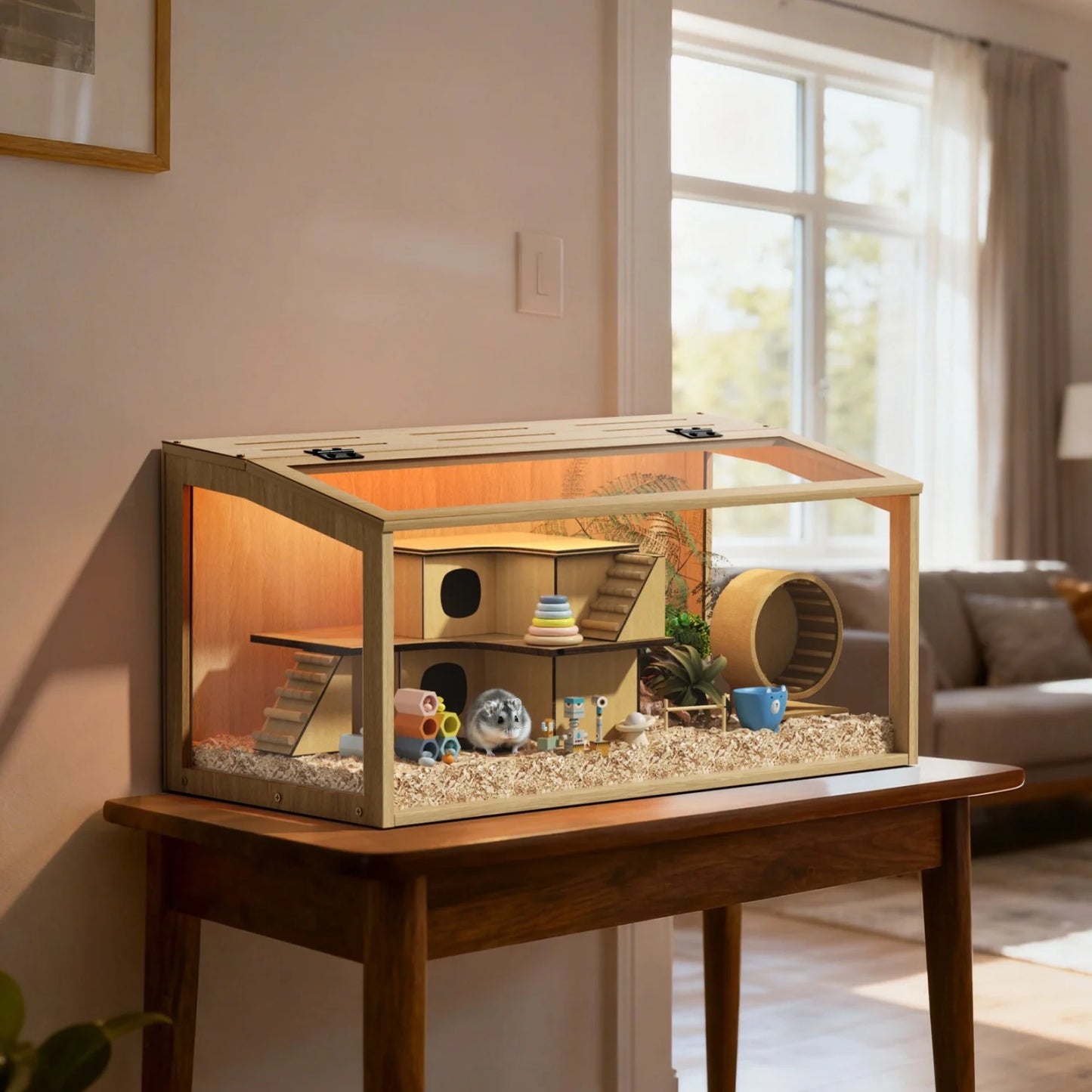 60/80CM Large Natural Wooden Hamster Cage Animal Cabinet Built-in LED Light Tabletop Hamsters Habitat for Small Pets