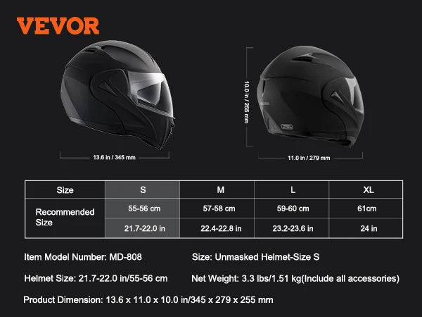 VEVOR Motorcycle Helmet, Unmasked, Smart Street ABS & High Density Helmet with Interchangeable Lens, Fit for Youth and Adults