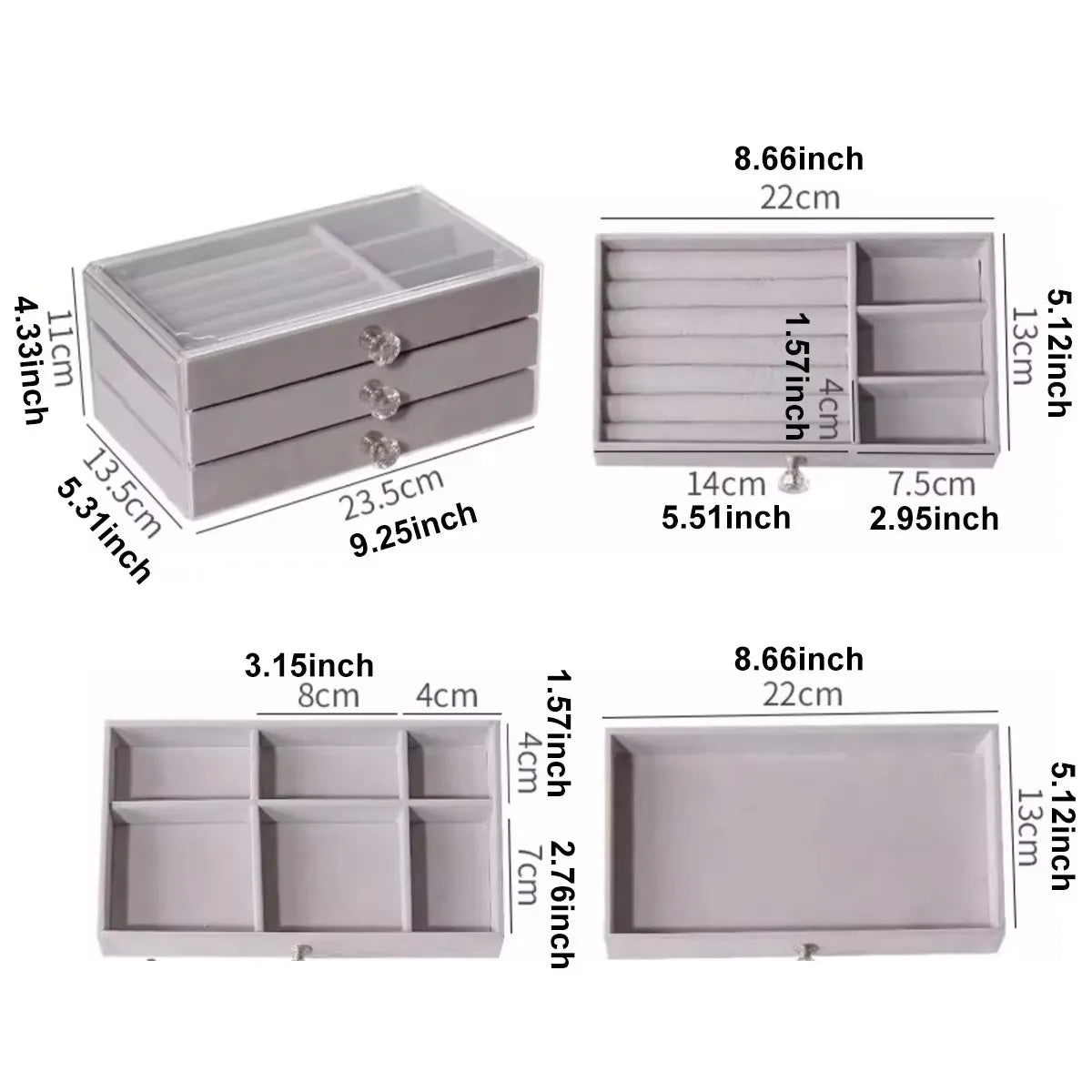 3 Layers Stackable Drawer Jewelry Box Beige Gray Earring Ring Necklace Bracelet Storage Organizer
