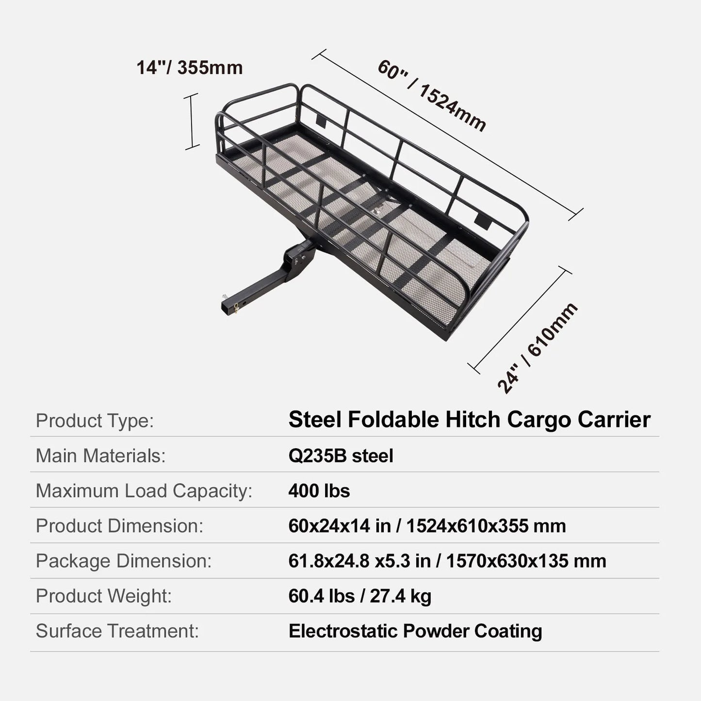 SucceBuy Hitch Cargo Carrier 60 x 24 x 14 in Folding Trailer Hitch Mounted Steel Cargo Basket 400lbs Loading Capacity Luggage