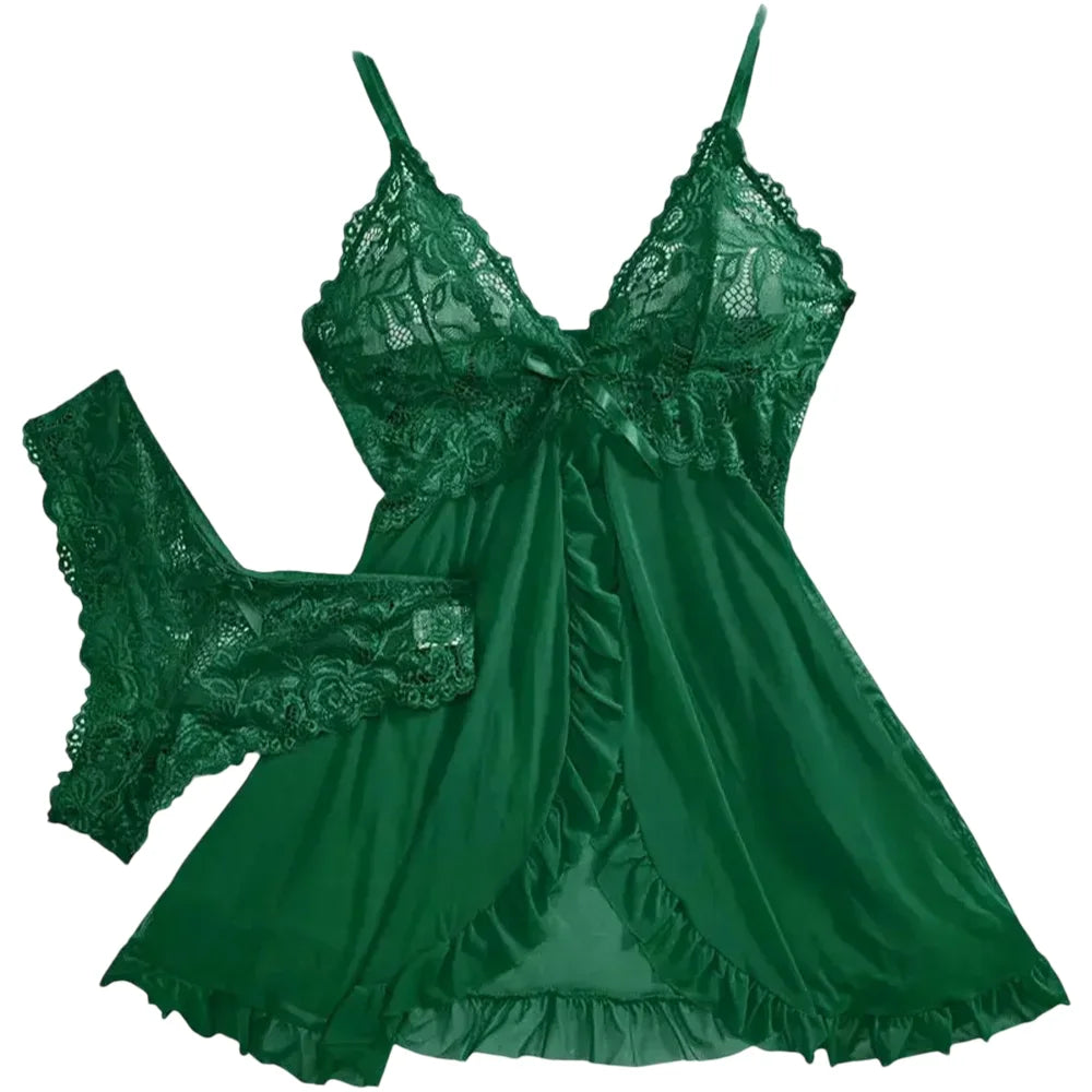 2 Pcs Set Lace Nightgown Women Exquisite Homewear New Green Nighttime Pajamas Transparent Split Nightdress V-Neck Bra Panty Sets