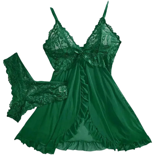 2 Pcs Set Lace Nightgown Women Exquisite Homewear New Green Nighttime Pajamas Transparent Split Nightdress V-Neck Bra Panty Sets
