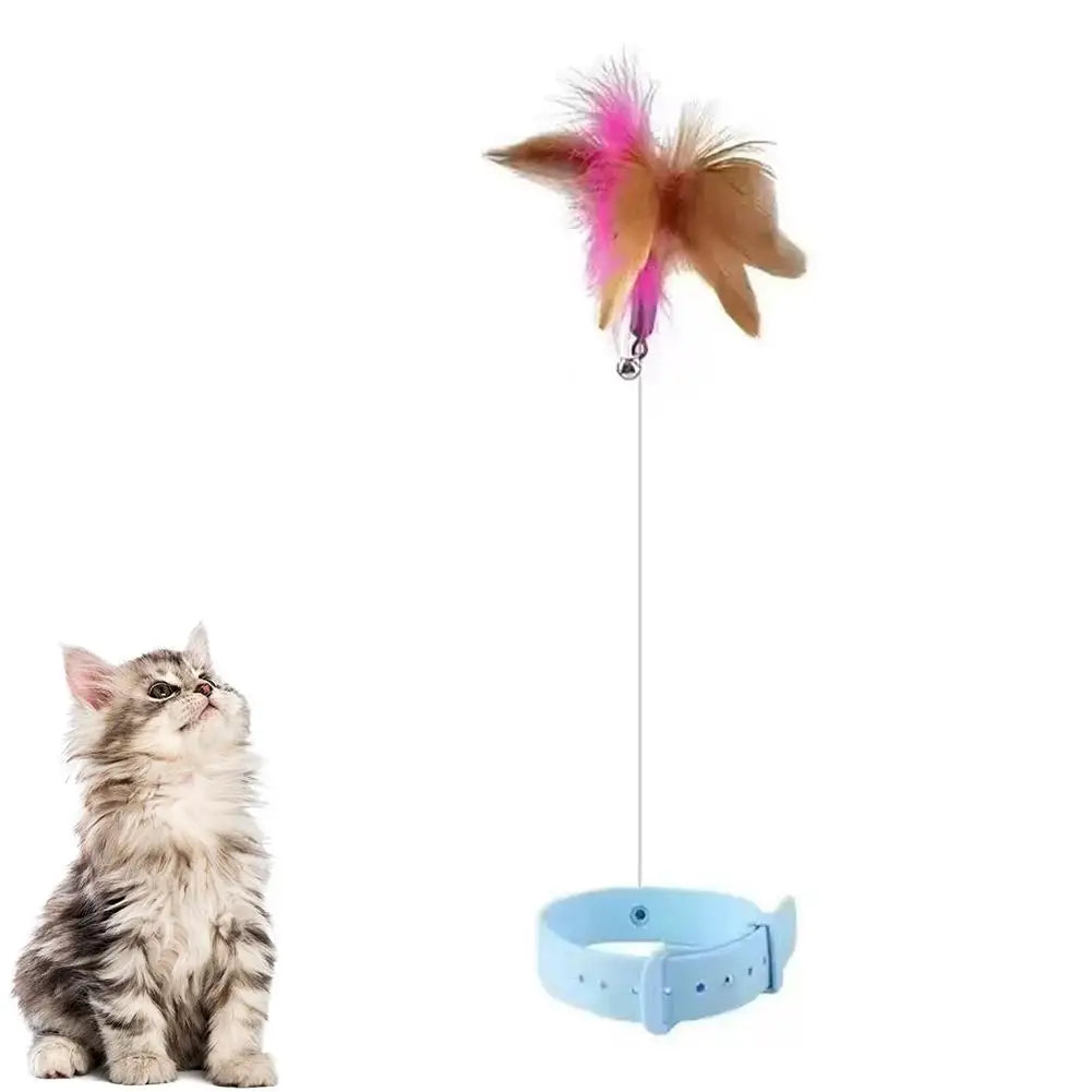 Interactive Cat Collar Toy Teasing Wand with Colorful Feathers and Bell Adjustable Design Self Playing Toy Pet Cat Teaser Wand