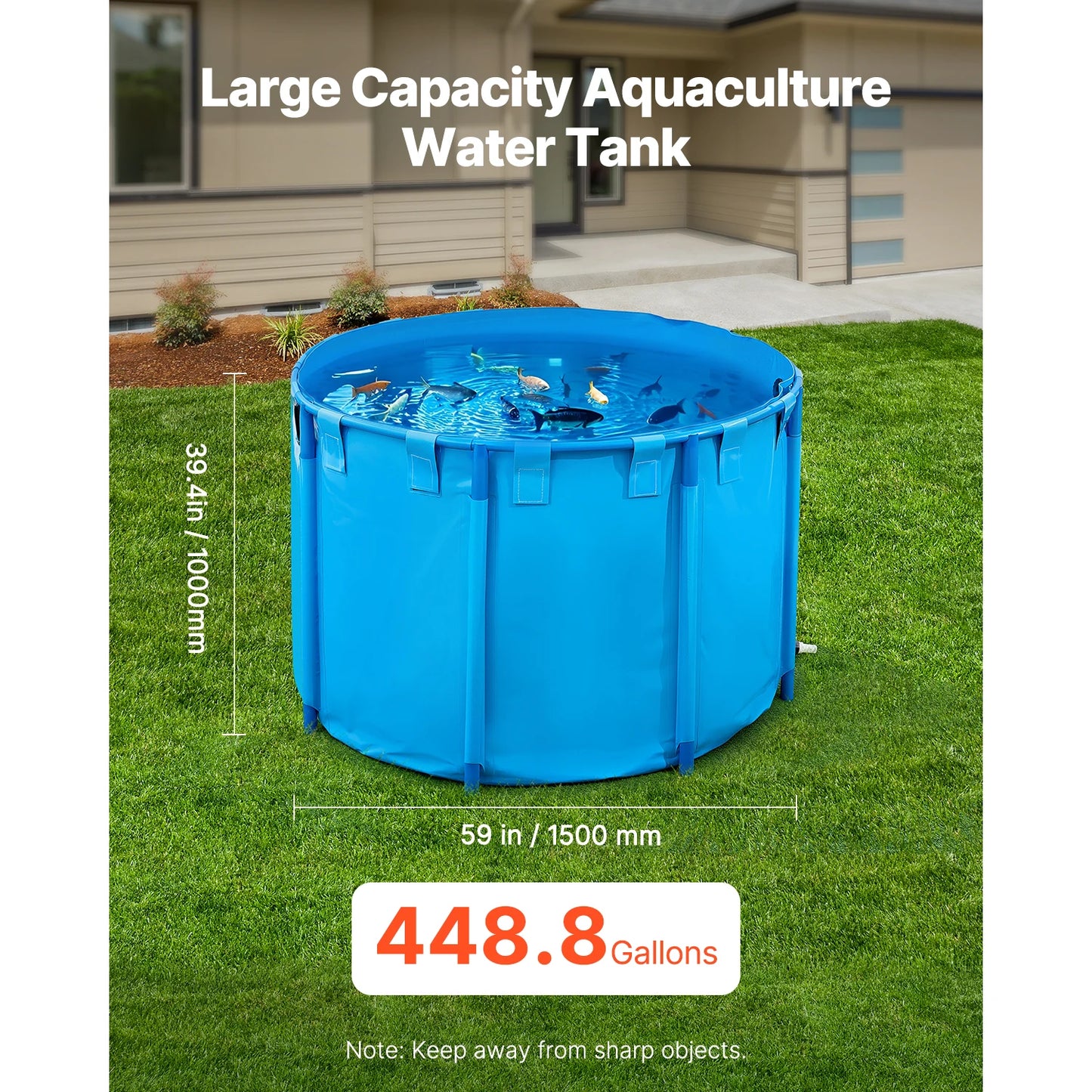 SucceBuy Canvas Fish Pond 448.8Gal Above Ground Fish Pond, Foldable PVC Koi Tank with Frame and Drain Valve for Aquaculture Blue