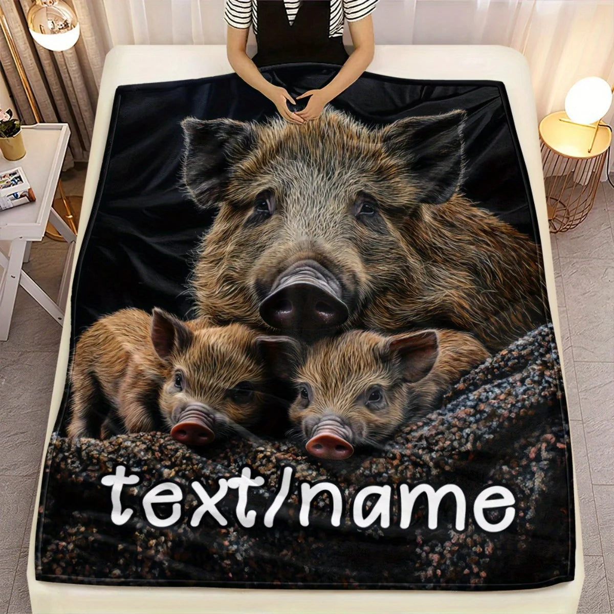 1pc Personalized Wild Boar Flannel Blanket Custom Name, Lightweight Soft Warm Throw All-Season Cozy Blanket for Camping, Sofa