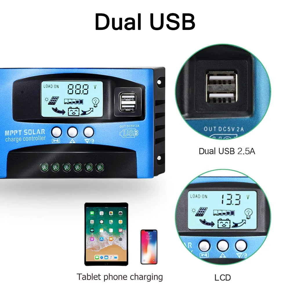 MPPT Solar Charge Controller 12V/24V Auto Focus Tracking Solar Panel Regulator with LCD Display Dual USB Port Charge Controller