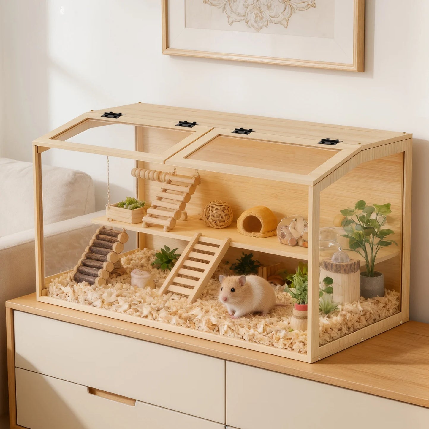 Natural Wooden Hamster Cage Habitat Dual Access Door Built-in Light Animal Cabinet Tabletop Hamsters Habitat for Small Pets