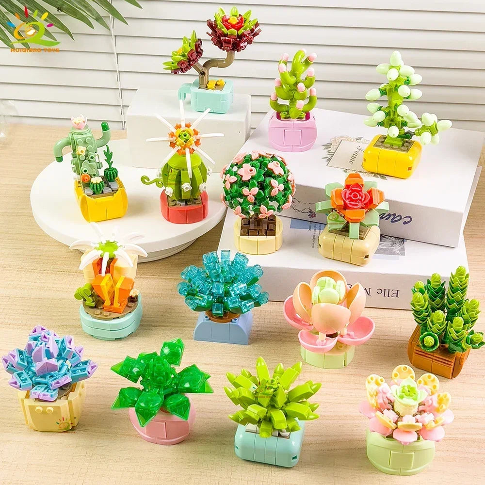 HUIQIBAO MOC Flower Succulent Potted Model Building Block DIY Eternal Bouquet Home Desk Plant Decor Brick Girl Gift Children Toy