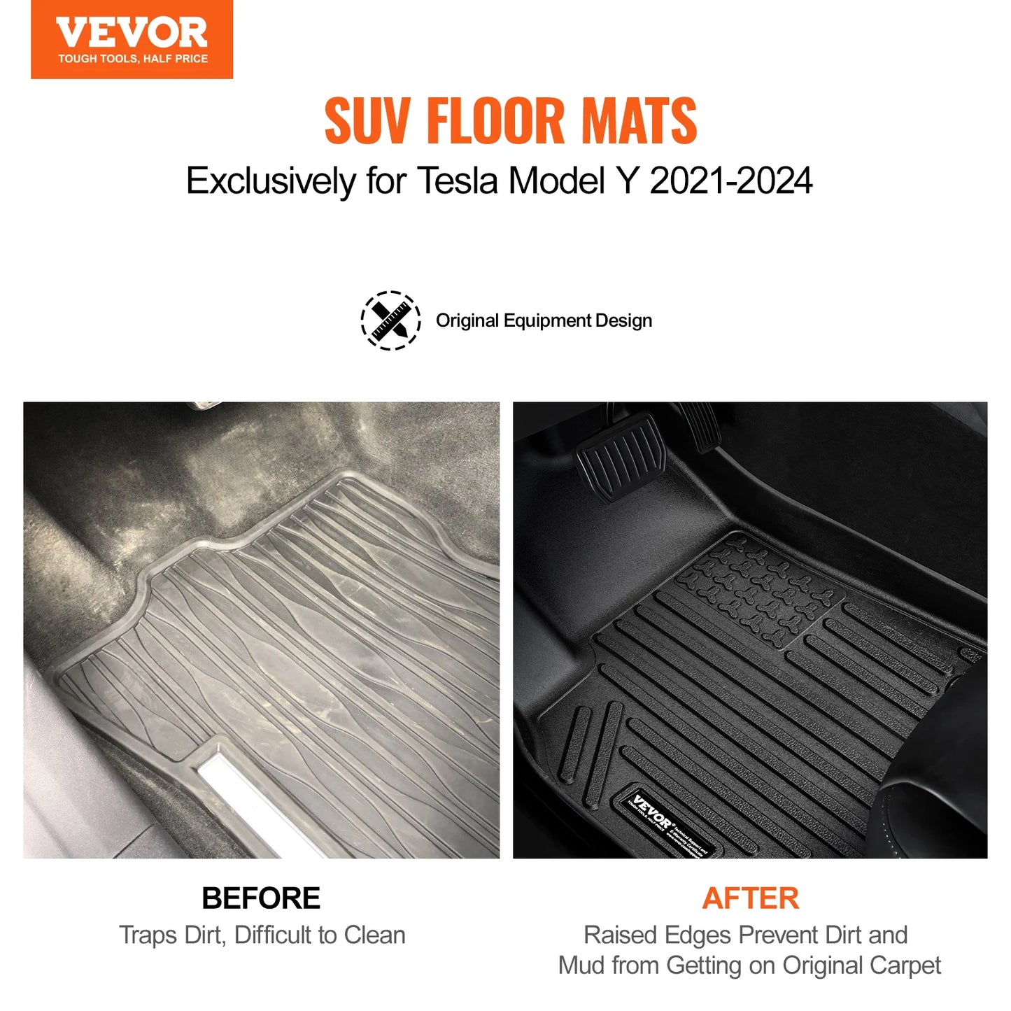 SucceBuy Automotive Floor Mats Fits for Tesla Model Y 2021-2024 3 pcs Front and 2nd Row Liners Secure Floor Liners for SUV Black