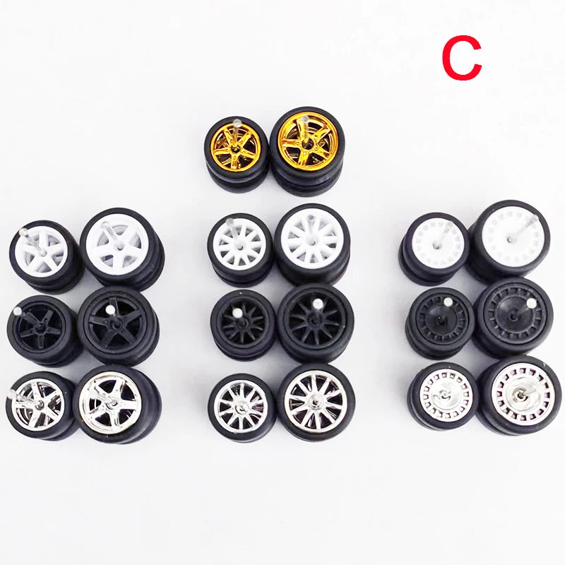 10 Sets 1/64 Staggered Wheels 11mm 13mm Drag Progressive Wheel Front Small Rear Large Rims Rubber Tires for 1:64 Model Cars HW