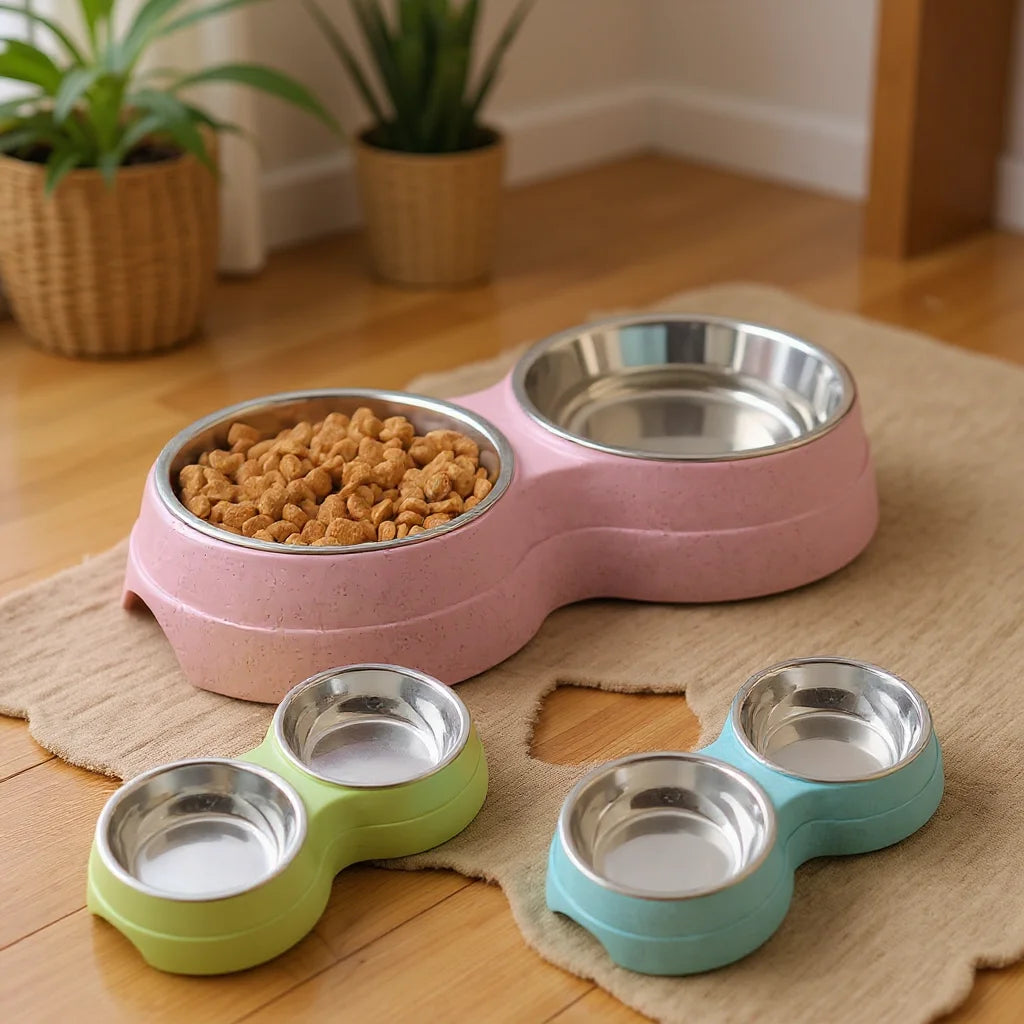 1 PCS Dual Bowl Stainless Steel Double Pet Bowls for Dogs and Cats - Non-Skid Base - Perfect for Food and Water - Easy to Clean