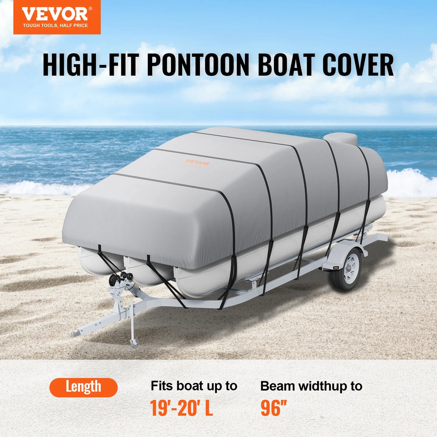 VEVOR Pontoon Boat Cover 19'-20' Waterproof Trailerable Pontoon Cover 800D Marine Grade PU Oxford Fabric with Motor Cover Grey