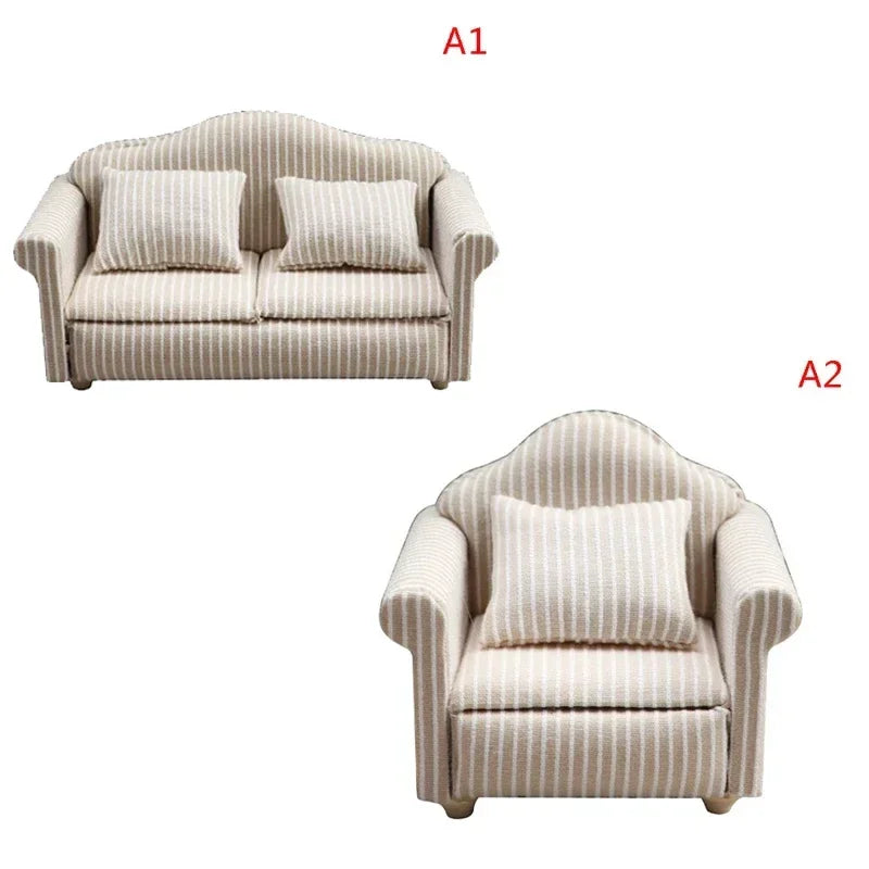 Mini Dollhouse Furniture Sofa with Pillow Set Simulation 1:12 Miniature Living Room Kids Pretend Play DIY Doll House Decor