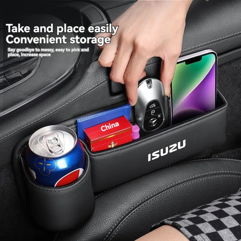 For ISUZU Car Accessories Leather Car Seat Gap Organizer Crevice Side Storage Box Filler Side Storage Pocket with Cup Holder