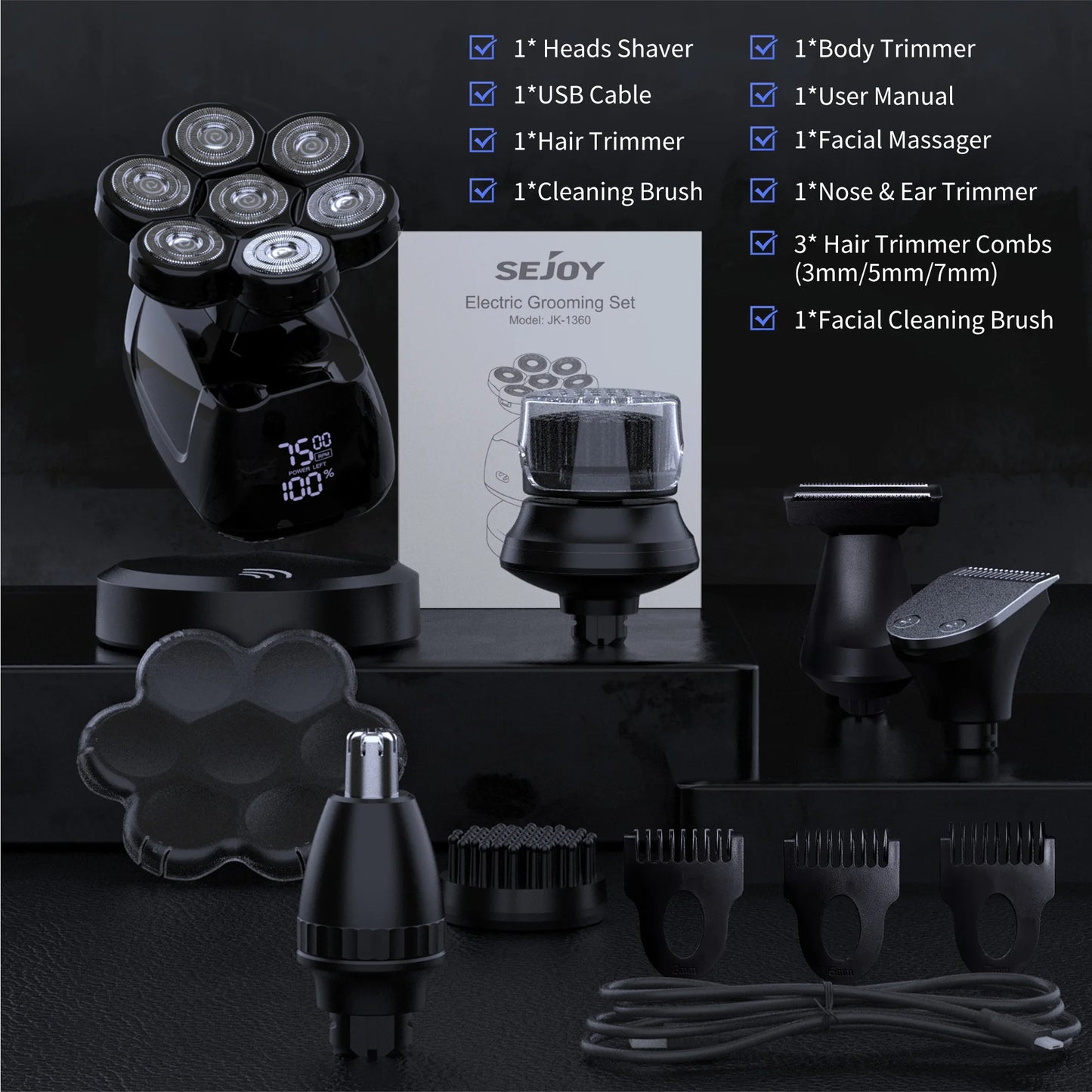 Head shavers for Bald Men 5-in-1 Men's Grooming Kit, 7D Rotary Electric Head Shaver, IPX6 Waterproof Wet/Dry  Wireless Rechargeable
