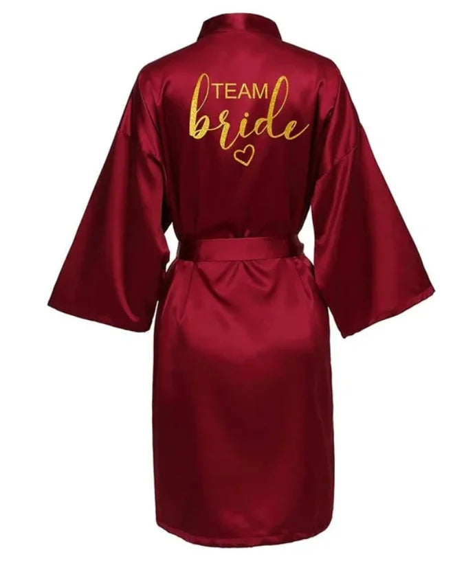 Wedding Party Team Bride Robe Kimono Satin Pajamas Bridesmaid Bathrobe Gold Letter SP093