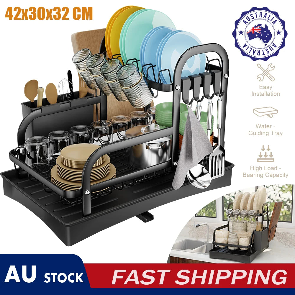 2 Tier Dish Drainer Drying Rack with Cup Holder Cutlery Tray Kitchen Organiser