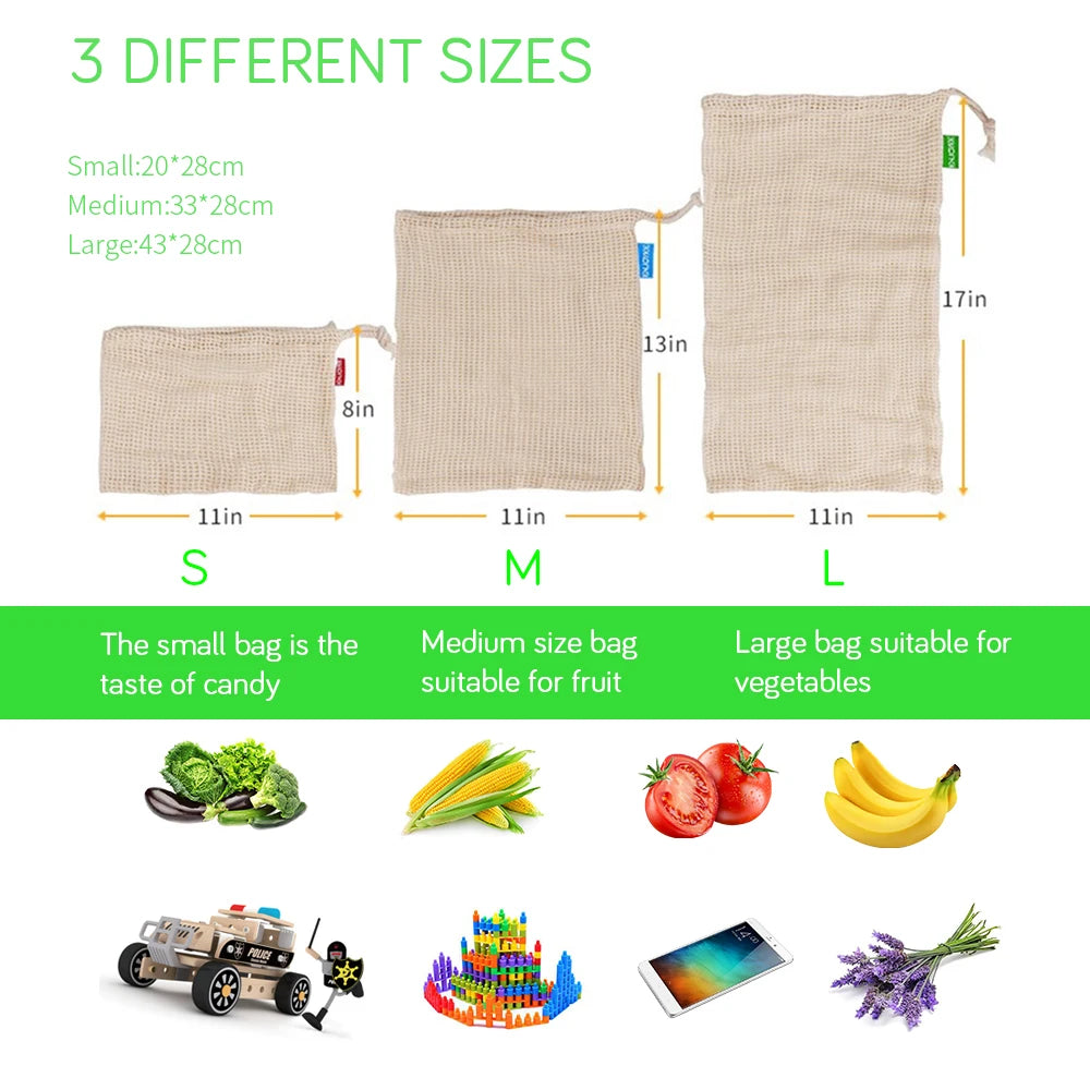 Reusable Cotton Mesh Produce Bags for Vegetable Fruit Food Kitchen Washable Grid Storage Bag Eco String Bag Kitchen Organizer