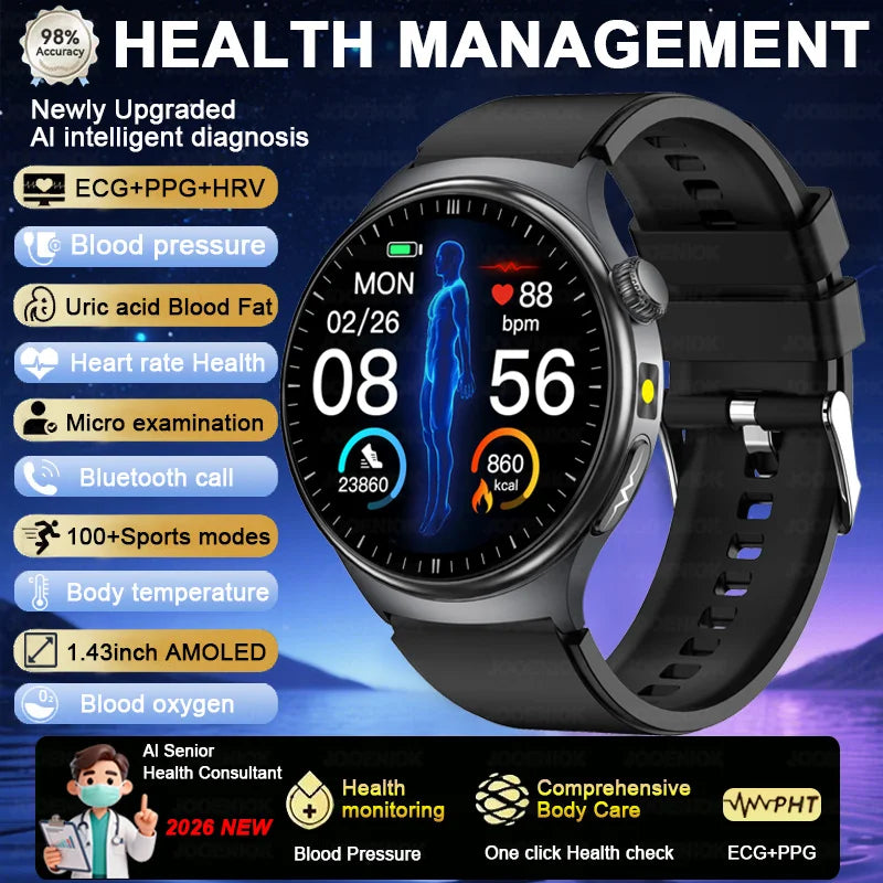 2026 Fashion New Expert level Health Smart Watch Men ECG+PPG Laser Monitor Uric Acid Blood Fat Blood Pressure HD Call Smartwatch