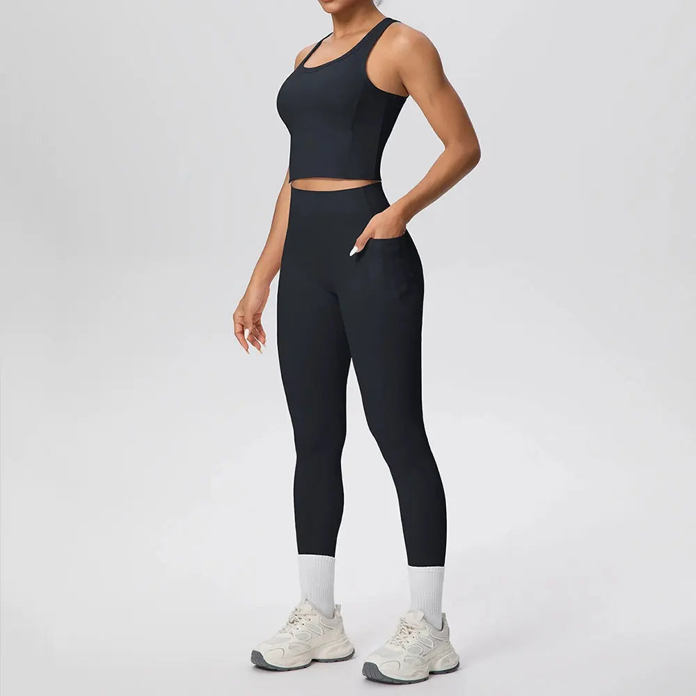 2PCS Yoga Suit Sports Set Women's Push Up Tracksuits Fitness Sports Bra Running Leggings With Pockets Workout Clothes Sportswear
