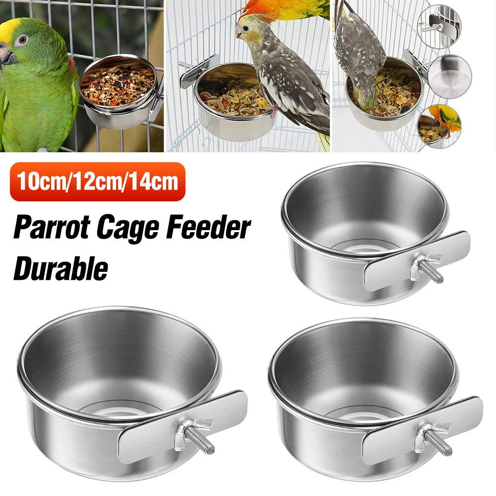 Pet Bowl Bird Feeding Dish Cup Parrot Food Water Bowl with Clamp Stainless Steel