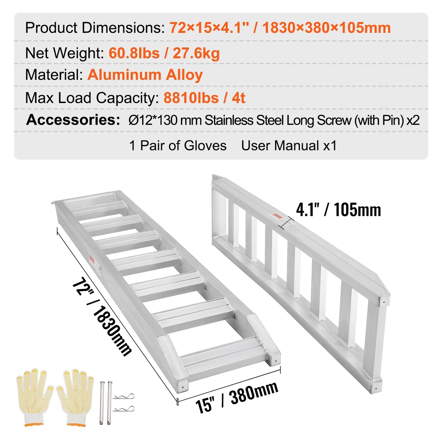 SucceBuy Aluminum Ramps 8810lbs Heavy-duty Ramp with Top Hook Attaching End Universal Loading Ramp for Motorcycle Tractor Truck