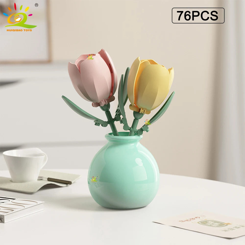 HUIQIBAO MOC Flower with Vase Model Building Block DIY Eternal Bouquet Home Desk Desk Plant Decor Brick Girl Gift Children Toy