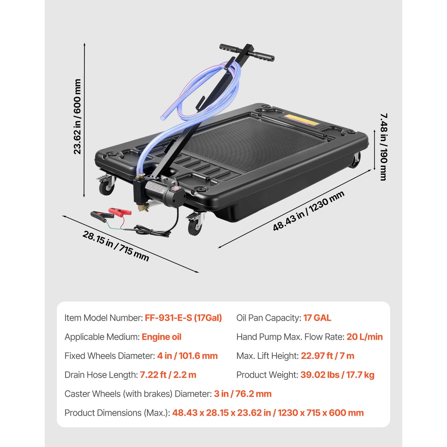 SucceBuy 17Gal Low Profile Oil Drain Pan Car Rolling Oil Drain Pan with Electric Pump & 7.2ft Hose for SUVs Trucks Motorcycles