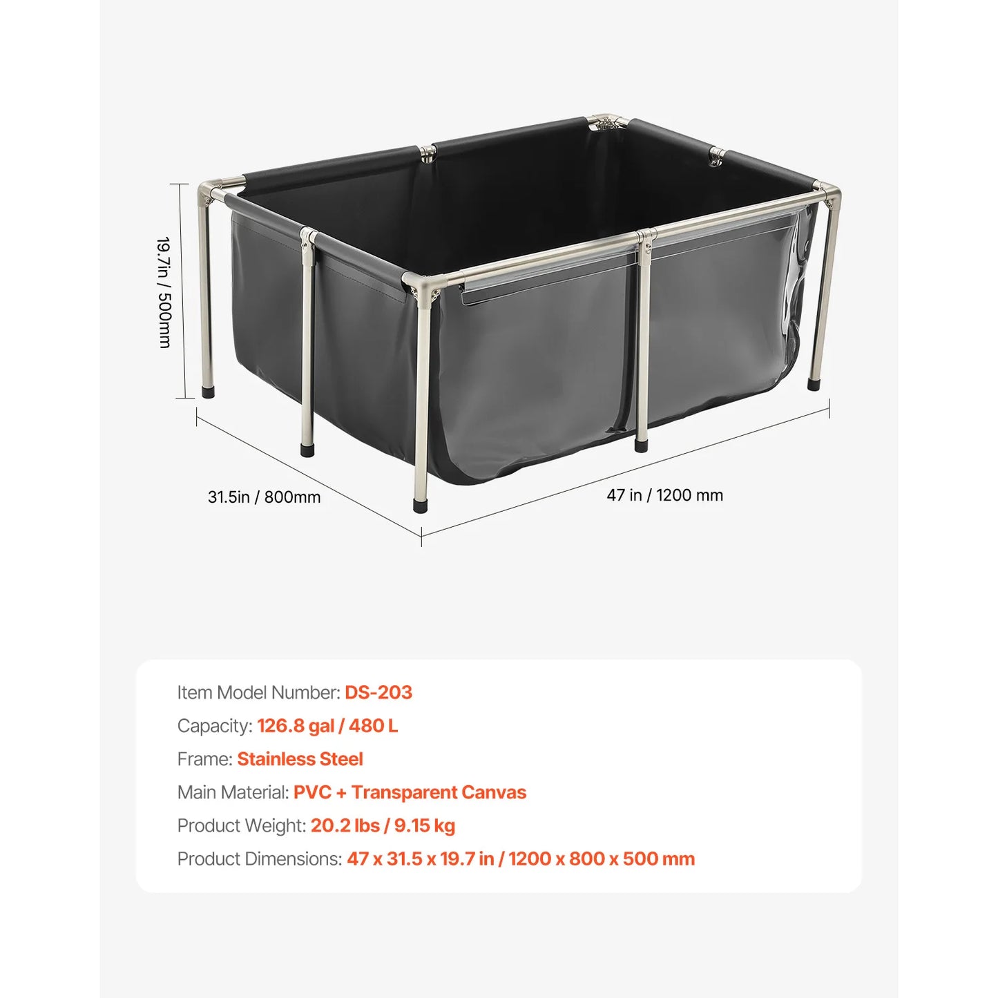 SucceBuy 126.8/270/470 Gal Canvas Fish Pond Rectangular Goldfish Tank with Stainless Steel Frame & Drain Valve for Breeding Koi