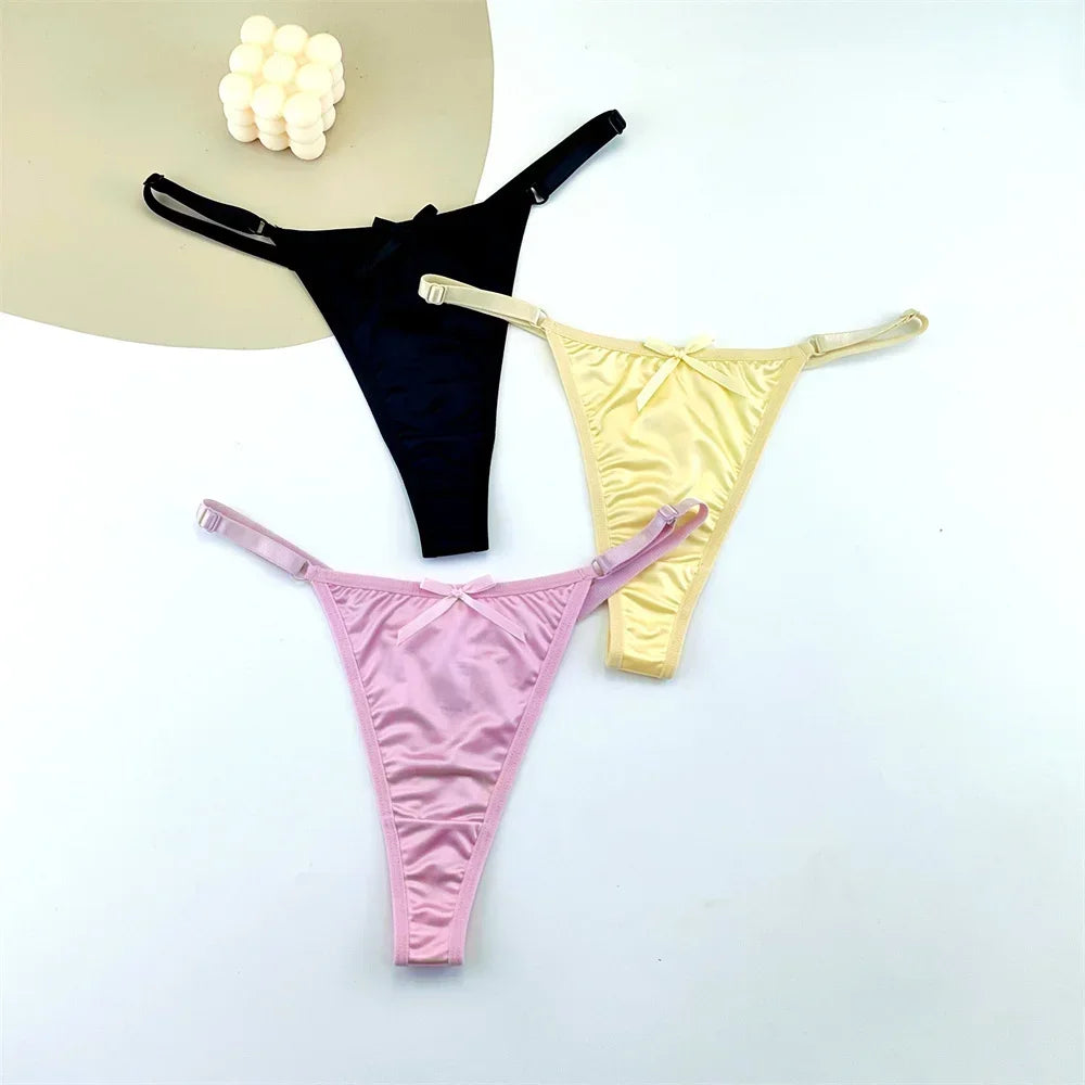 3PCS Adjustable Satin Thong Women Sexy G-string Underwear Low Waist T Back Peach Buttocks Tempting Sexy Bow Lingerie