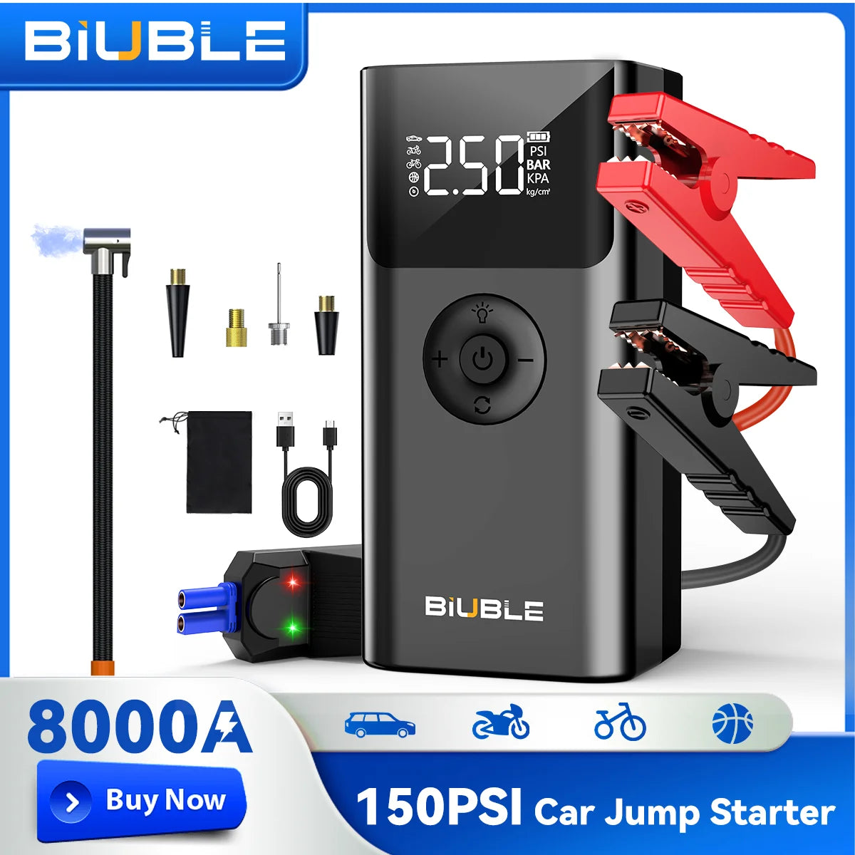 Car Jump Starter with Air Compressor 8000A Battery Booster 150PSI Air Pump 20000mAh (ALL Gas/10L Diesel) Portable Power Bank