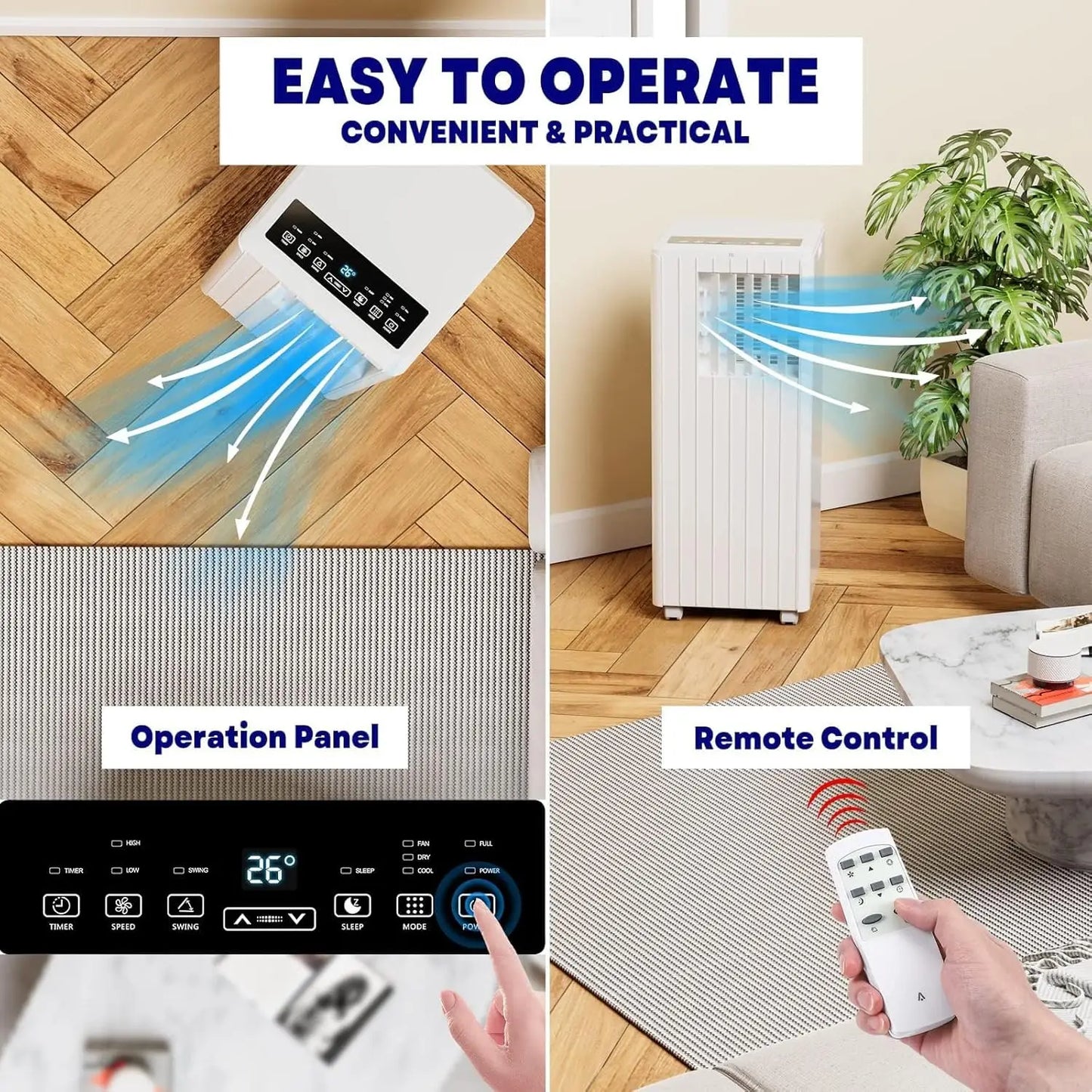 8,000 BTU Portable Air Conditioner, 3-in-1 AC Unit with Cooling, Dehumidifier & Fan, Fast Cooling for Rooms up to 350 Sq. Ft., Remote Control, 24H Timer, Sleep Mode, Window Kit Included, 115V, White