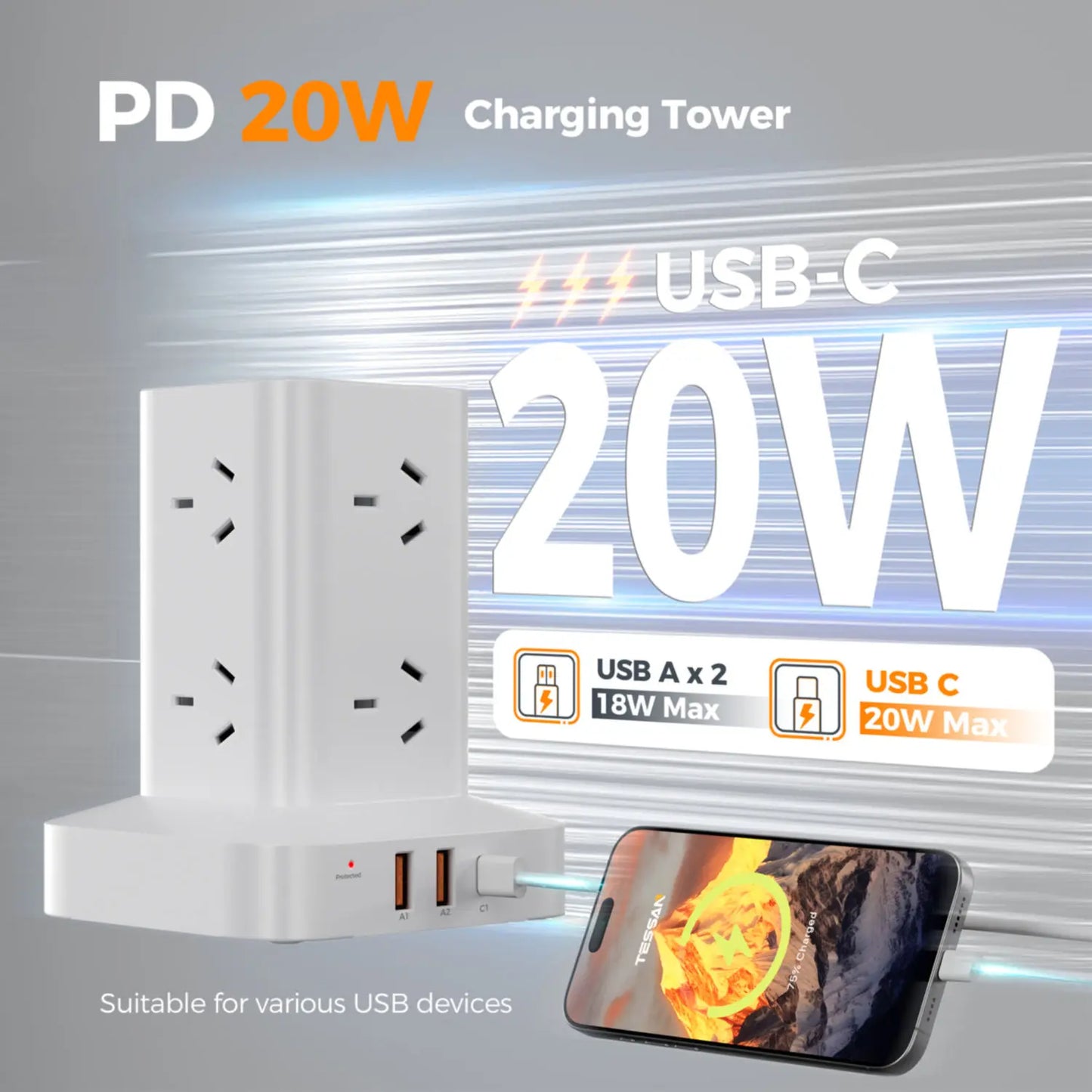 TESSAN AU Plug Tower Power Strip Desktop Fast Charging Station 65W GaN USB C AUS Power Strip with 6 USB Ports for Home Office