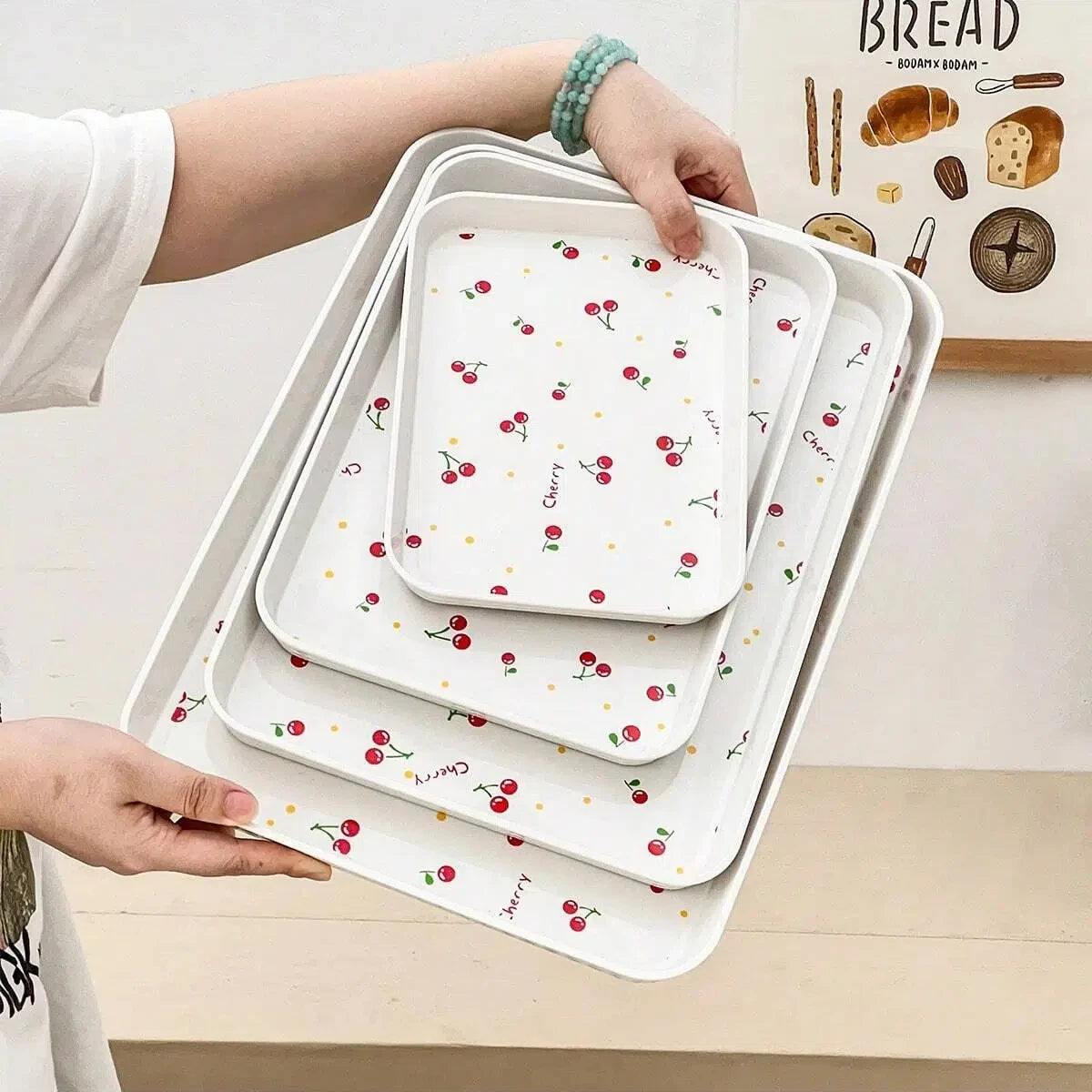 WORTHBUY Multifunctional Plastic Serving Tray Cherry Pattern Fruit Dessert Plates Kitchen Organizer Perfume Jewelry Storage Tray