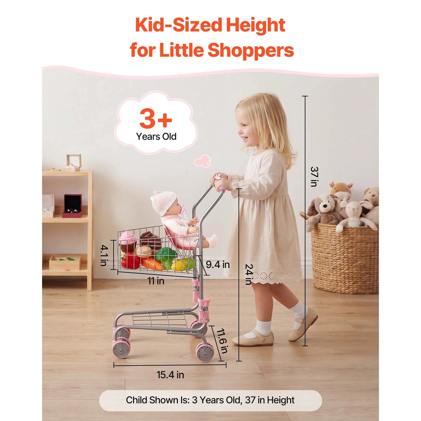 SucceBuy Kids Shopping Basket Foldable Cart Toy with Baby Doll Grocery Store Pretend Play Toys Trolley for Children Toddlers