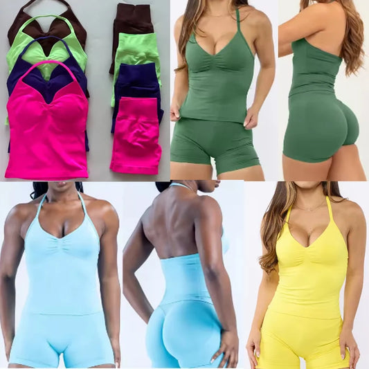 Cavendi 2 Pieces impact gym Halter top seamless shorts Women Yoga outfits Sportswear Sports Suits Fitness Top Gym set