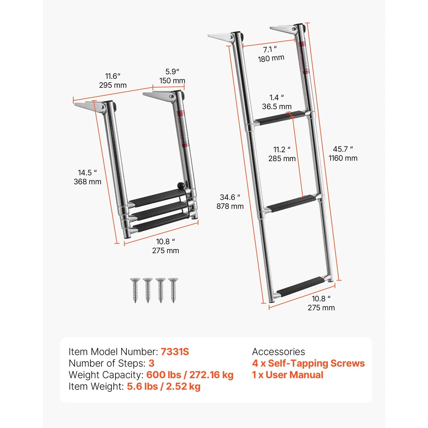 SucceBuy 3/4 Steps Boat Ladder Stainless Steel 600/900 lbs Telescoping Folding Swim Deck Ladder with Anti-Slip Steps for Yacht