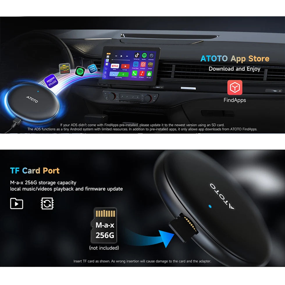 ATOTO Smart Car Android Auto Wireless Carplay Adapter Automotive AI TV Video Box Car Ring Kit Bluetooth Radio Stereo Play AD5