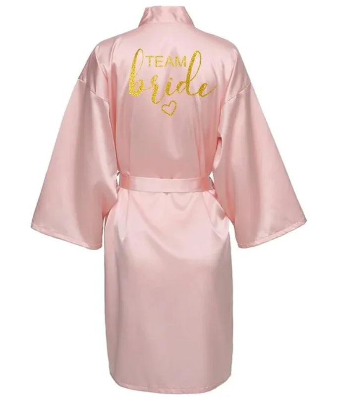 Wedding Party Team Bride Robe Kimono Satin Pajamas Bridesmaid Bathrobe Gold Letter SP093