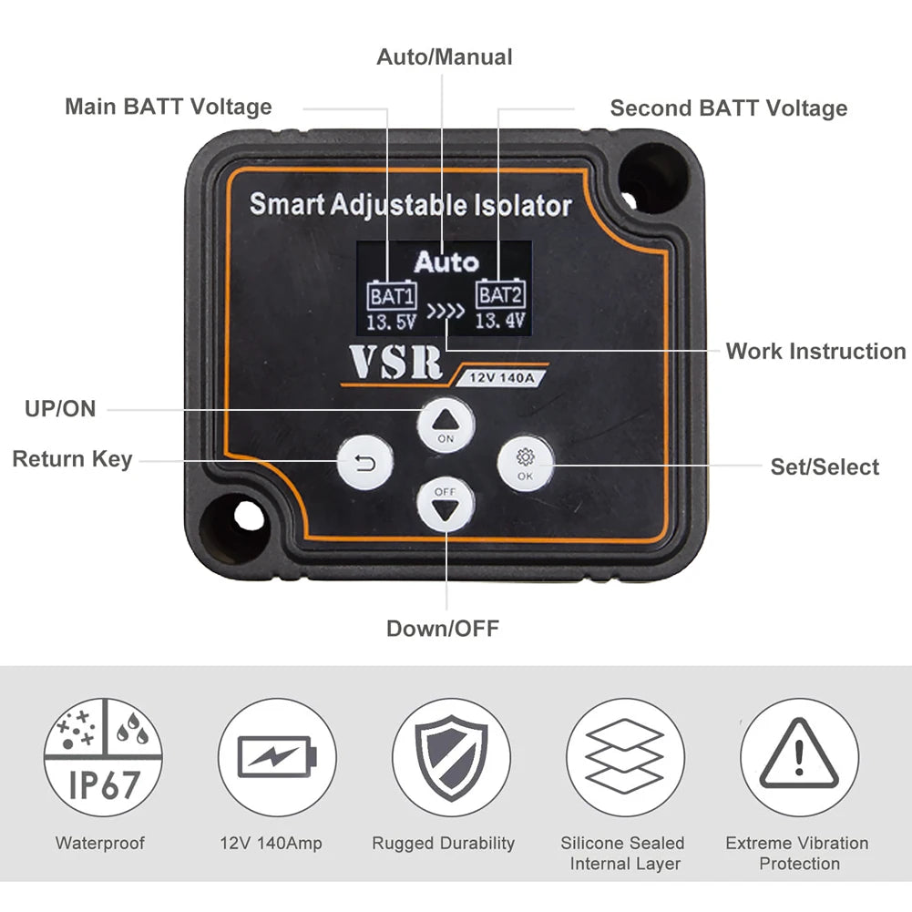 12V 140A Adjustable Dual Battery Isolator Split Charge Voltage Sensitive Relay Voltage Setting Smart Dual Battery Smart Isolator