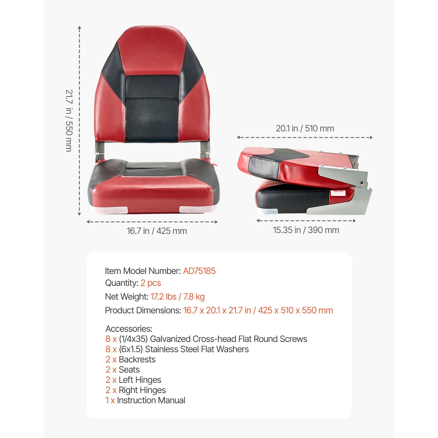 SucceBuy Boat Seat High Backrest Folding Fishing Boat Seat with Aluminum Alloy Hinges Flip Up Boat Seat for Boats, Yachts, Ships