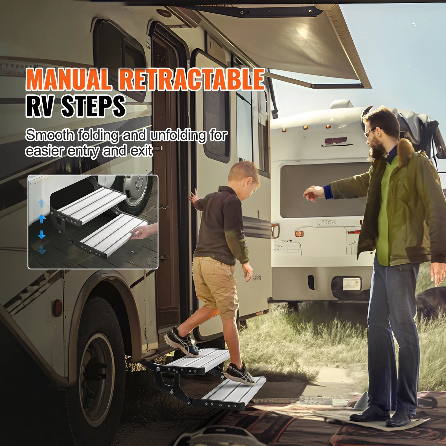 SucceBuy RV Steps 2-Step Manual Retractable RV Stairs Foldable 440LBS Load Capacity Aluminum Alloy Steps Thickened Steel Plate