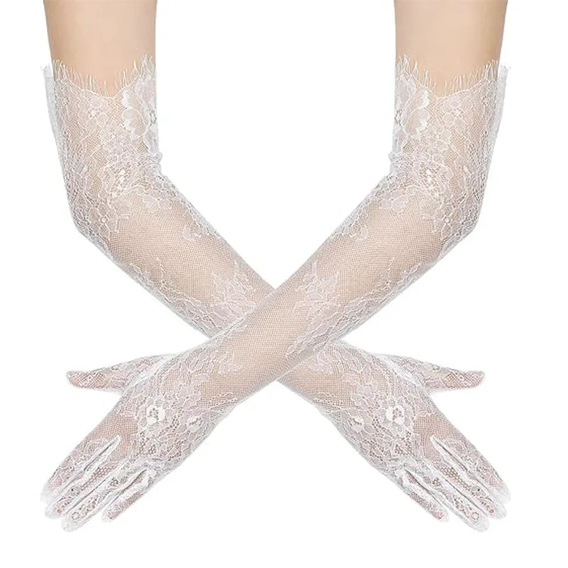55cm Women Sexy Thin Lace Flower White Black Long Gloves Transparent Mesh Eyelash Tulle Bridal Wedding Party Dress Accessories