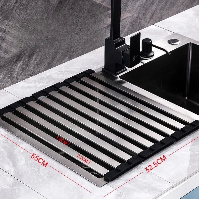 Roll Up Dish Drainer Holder 304 Stainless Steel Sink Drainshelf Food Washing Rack Foldable Towel Bowl Stand Kitchen Organizer