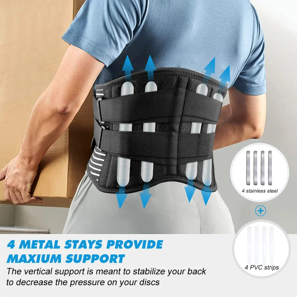 Black Brace for Lower Back Pain Relief, Breathable Waist Brace Adjustable Lumbar Support for Herniated Disc, Sciatica, Scoliosis