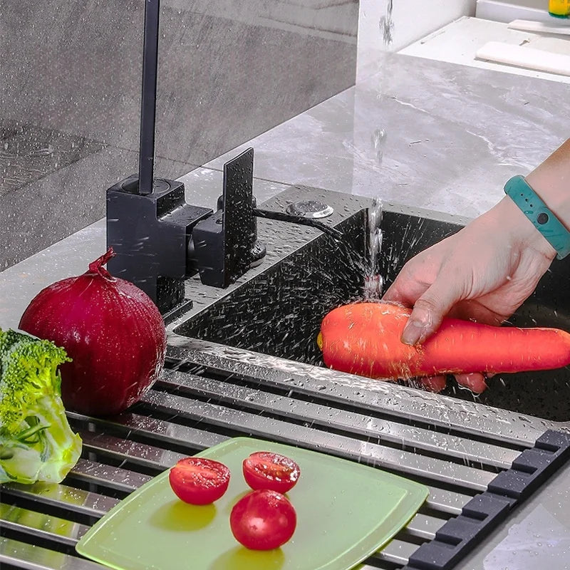 Roll Up Dish Drainer Holder 304 Stainless Steel Sink Drainshelf Food Washing Rack Foldable Towel Bowl Stand Kitchen Organizer